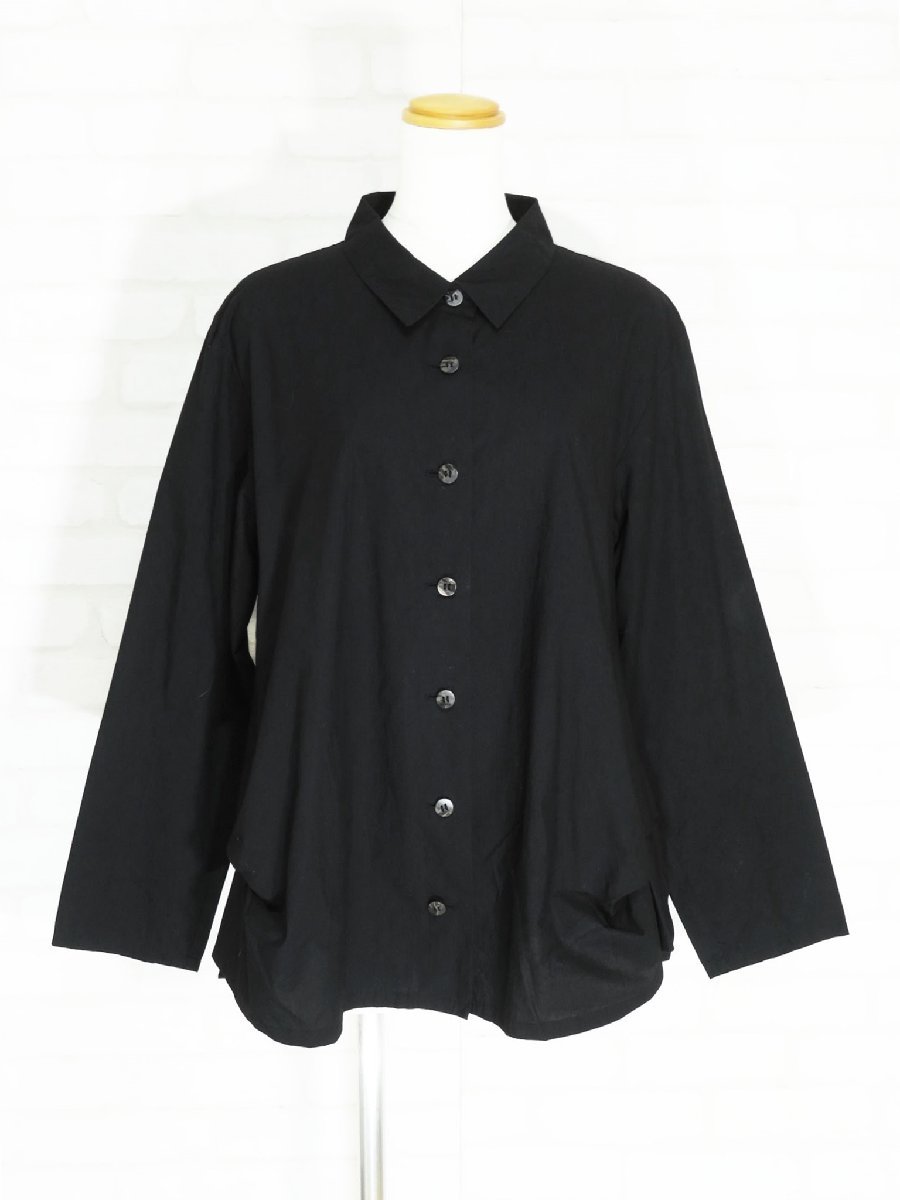 慈雨センソユニコ/無地洗えるコットン100％長袖変形ブラウス：40/黒nj003