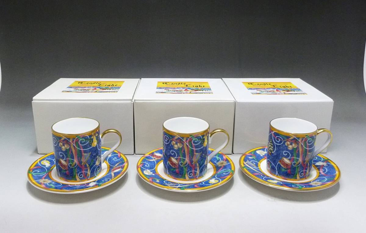 《ジャムルK》 Ko1030-123◆送料無料◆ 美品 nikko candle light AD碗皿 デミタスカップ カップ＆ソーサー 3客 3箱 まとめ クリスマス 金彩