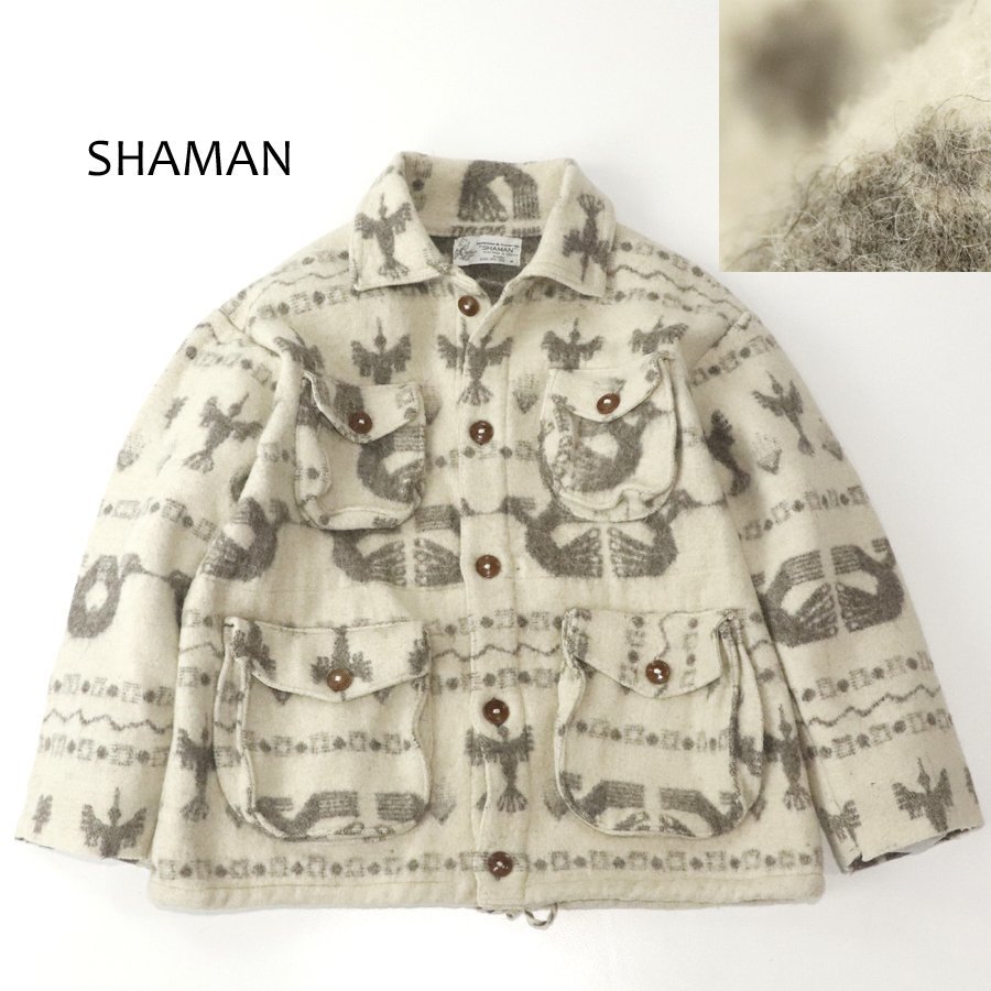 美品 エクアドル製 ハンドメイド オタバロ族 SHAMAN シャマン ネイティブ柄 メルトンウール ジャケット アイボリー M (JP:L) カウチン 民族