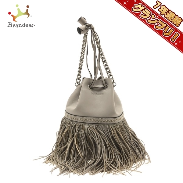 ジェイ&エムデヴィッドソン J&MDavidson ハンドバッグ フリンジ カーニバル M レザー ライトグレー 巾着型/チェーンハンドル/スタッズ 美品