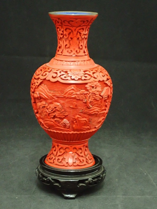 N16☆送料無料!! 中国美術 堆朱 花瓶 赤壺 古玩 花器 飾壺 置物 (