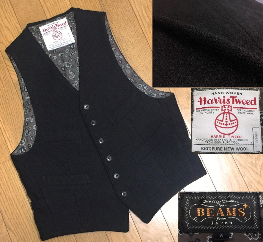 美品 BEAMS PLUS ビームスプラス x 英国 HARRIS TWEED ハリスツイード ツイードウール ペイズリー柄裏地 ジレ ベスト メンズ S 黒 ブラック