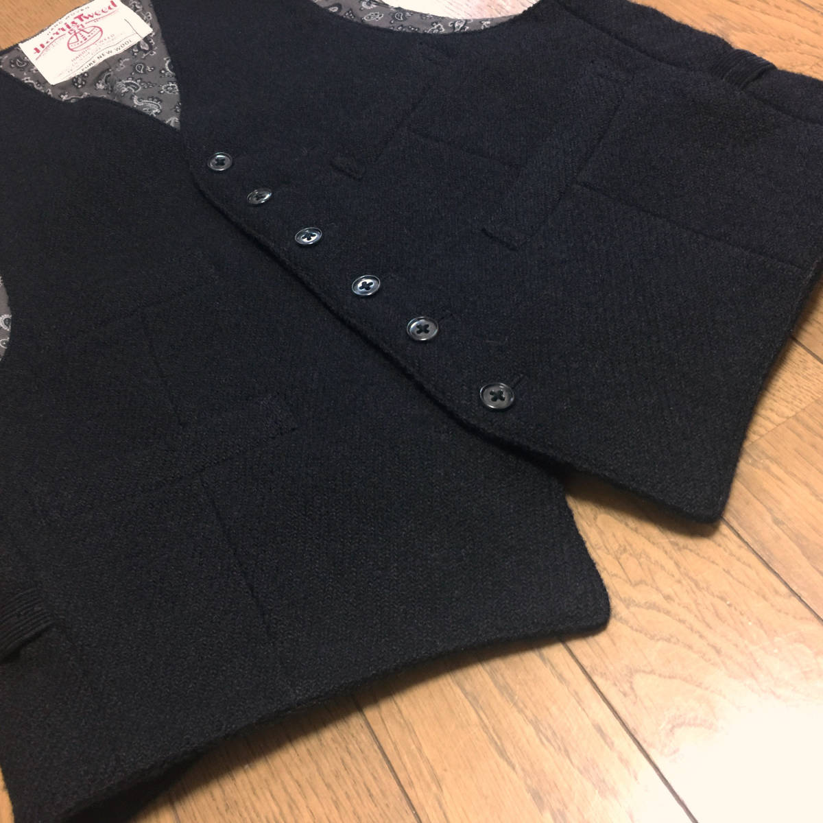 美品 BEAMS PLUS ビームスプラス x 英国 HARRIS TWEED ハリスツイード ツイードウール ペイズリー柄裏地 ジレ ベスト メンズ S 黒 ブラック