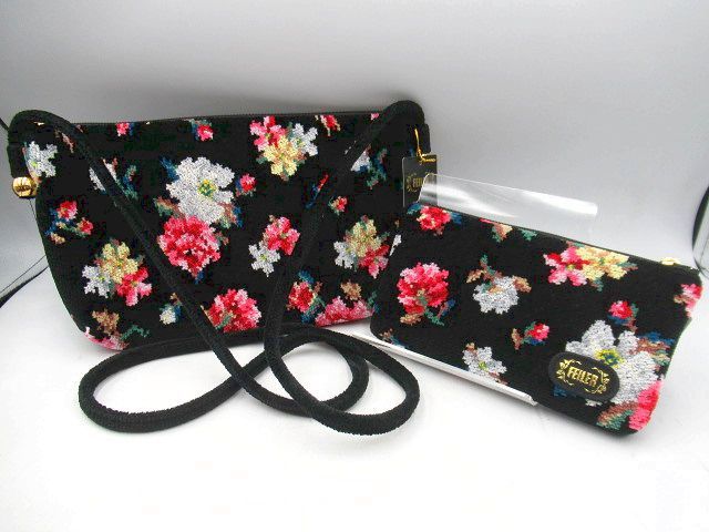 ▲▲未使用保管品 フェイラー FEILER ショルダーバッグ＆ポーチセット 花柄 シュニール織 日本製 黒地 ブラック×フローラル▲▲