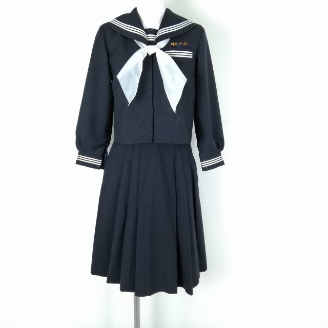 1円 セーラー服 スカート スカーフ 上下3点セット 135A カンコー 冬物 白3本線 女子 学生服 川内北小学 紺 制服 中古 ランクC NA3214