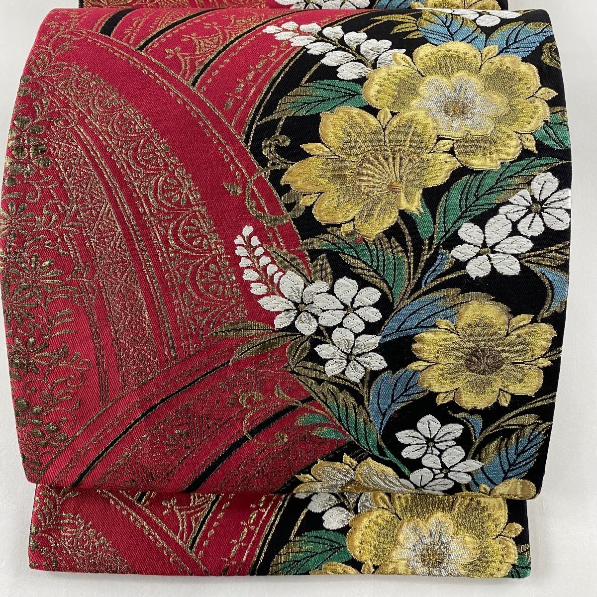 袋帯 秀品 六通 箔 正絹 草花 金銀糸 中古 美品 幾何学模様