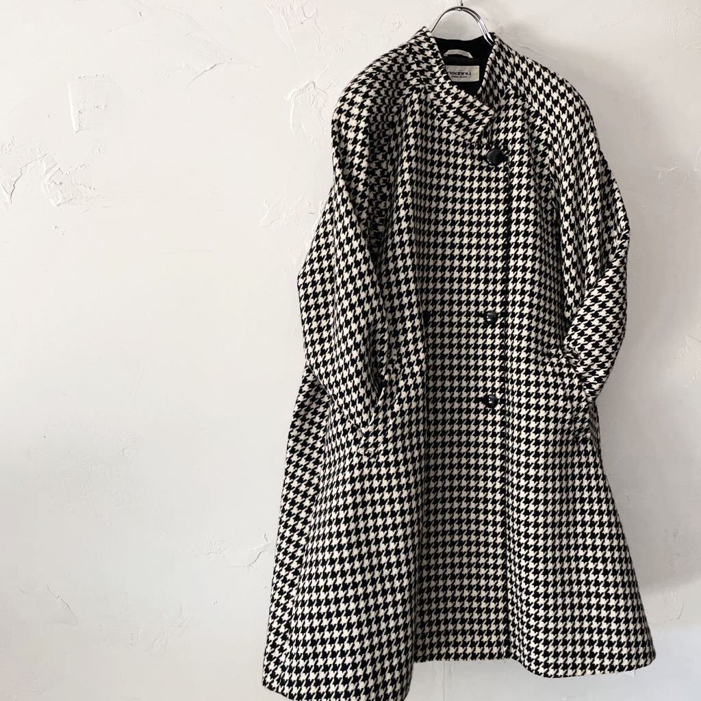 ヴィンテージ スタンドカラー ダブルロングコート 3 デザインコート ウール90% 千鳥柄 黒白 東京スタイル オーバーサイズ レディース古着