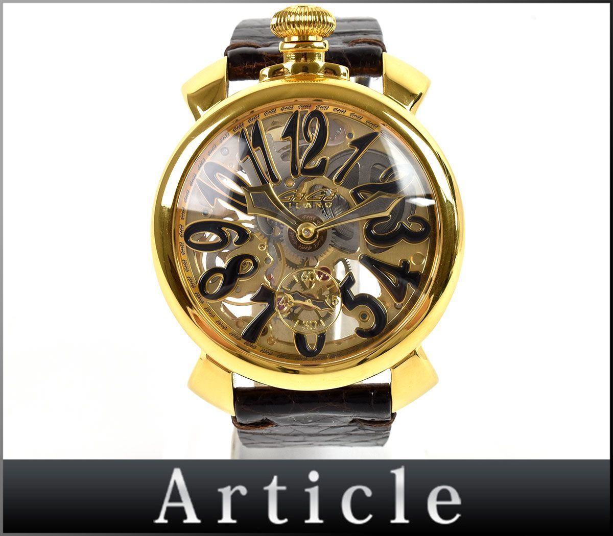 162780◆美品 動作確認済 GaGa MILANO ガガミラノ マヌアーレ48 腕時計 手巻き 5314.01 GP レザー ゴールド ブラウン メンズ/ D