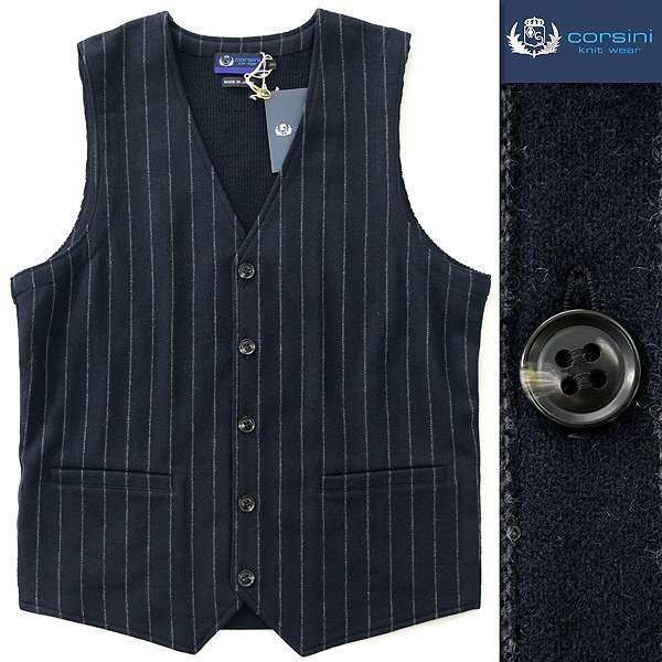 新品 2万 コルシーニ 日本製 ストライプ フランネル ニット ジレ 46(M) 紺 灰 【I59692】 秋冬 メンズ corsini by gim ジム ウール ベスト