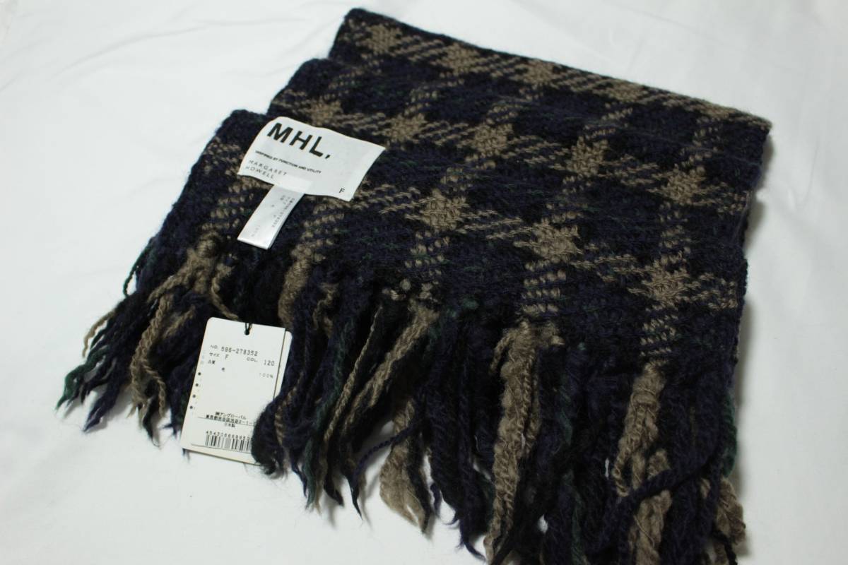 L101　日本製　新品　未使用　MHL.　マーガレットハウエル　Margaret Howell　千鳥格子　ウールマフラー　フリンジ　サイズF