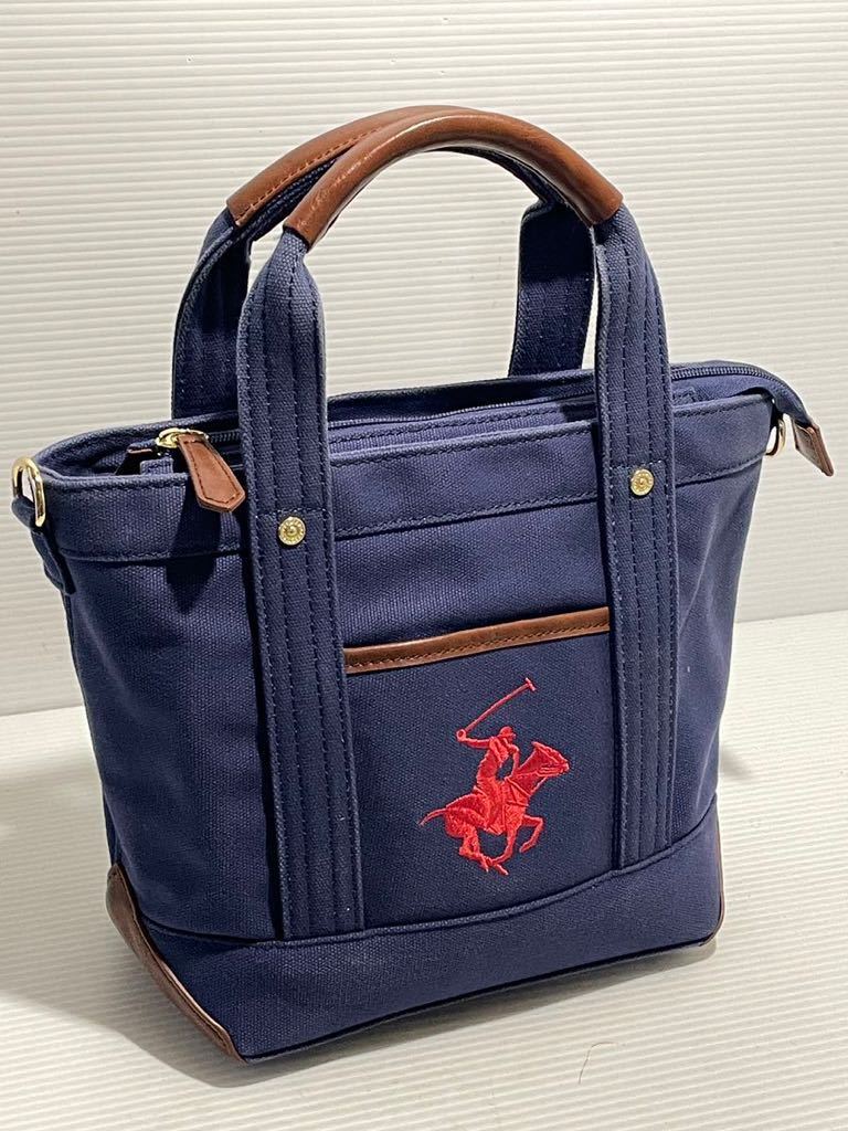 A91■極美品 POLO RALPH LAUREN ラルフローレン 刺繍 ポニー トートバッグ S レディース メンズ 小さめ ビバリーヒルズ ポロ ネイビー