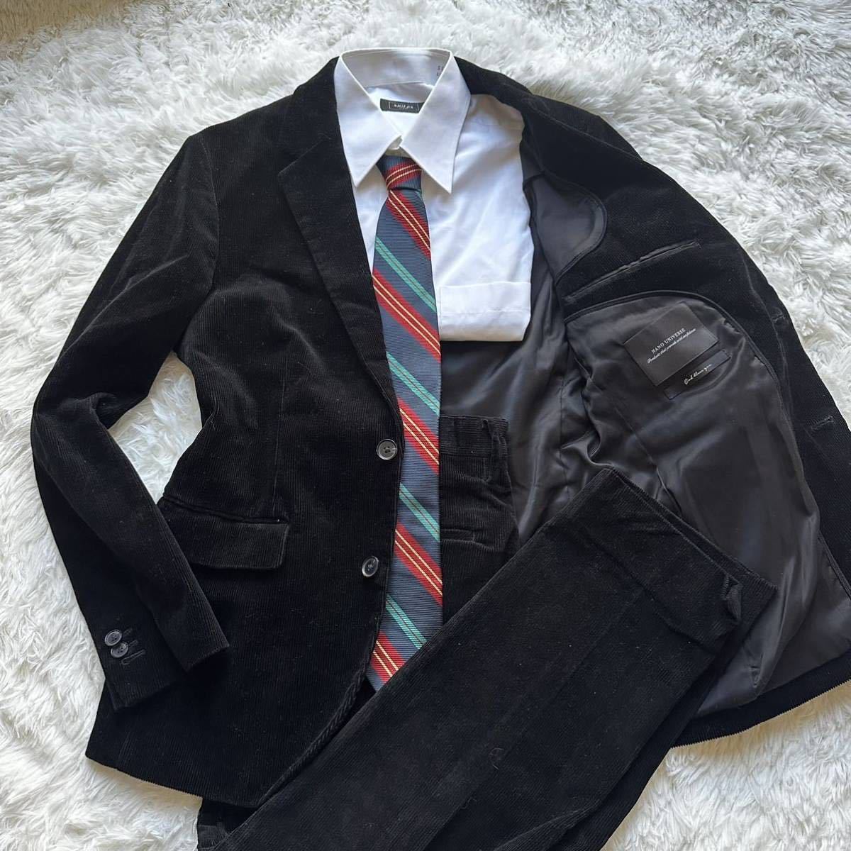 ナノユニバース NANO UNIVERSE　スーツ　セットアップ　コーデュロイ　テーラードジャケット　Mブラック　総裏　ダメリーノ
