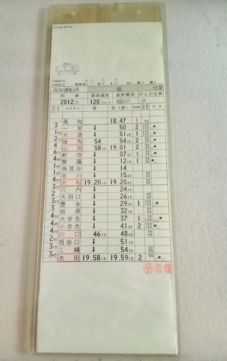 JR四国・土讃線『特急しまんと12号』運転士時刻表 スタフ 2000系 JR四国・土讃線『特急しまんと12号』運転士時刻表 スタフ 2000系