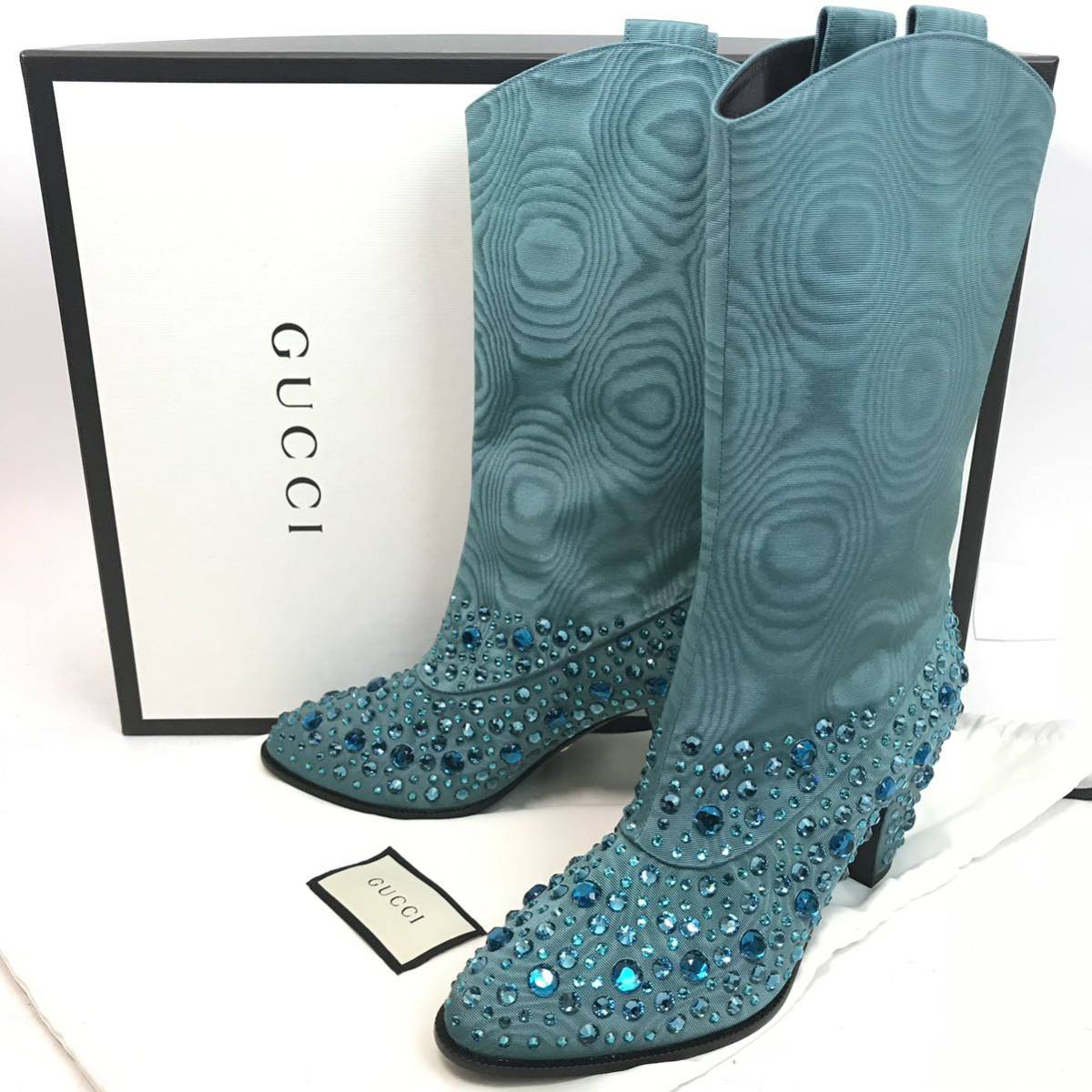 e138 未使用 GUCCI グッチ ラインストーン ビジュー ブーツ ターコイズブルー ウエスタンブーツ ミドルブーツ 37 イタリア製 正規品