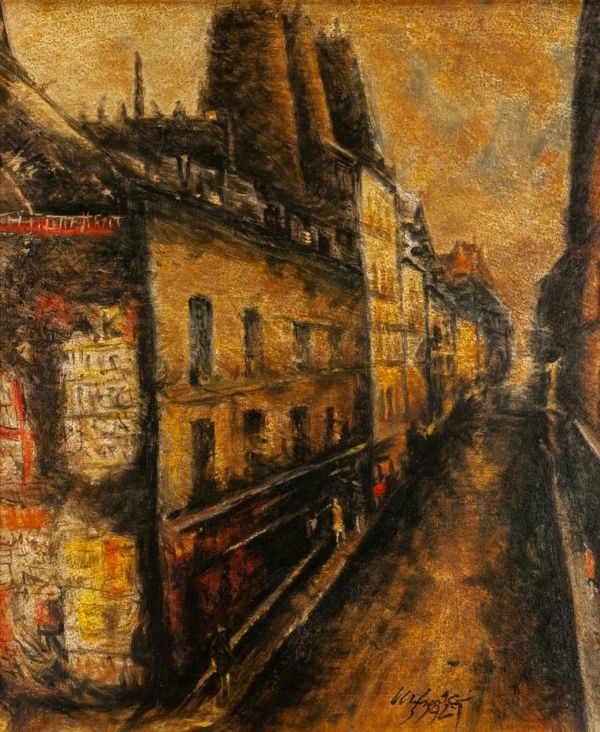 ○佐伯祐三○油絵 手描き《街角の広告》表サイン 裏サイン 佐伯米子