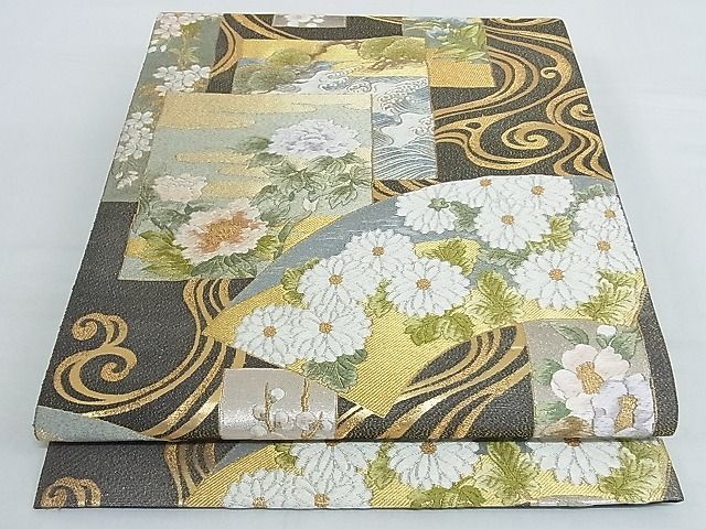 平和屋-こころ店□六通柄袋帯 地紙花文 黒地 金糸 正絹 逸品 B-jd4595