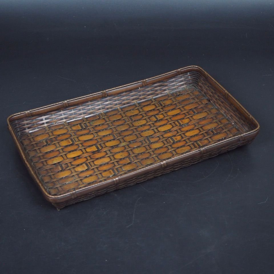 【金富士】明治金工　古銅細工　銅編み四角盆　約26×16ｃｍ　検/銀瓶鉄瓶茶托茶壺古錫玉川堂高岡佐渡銅器龍文堂亀文堂清