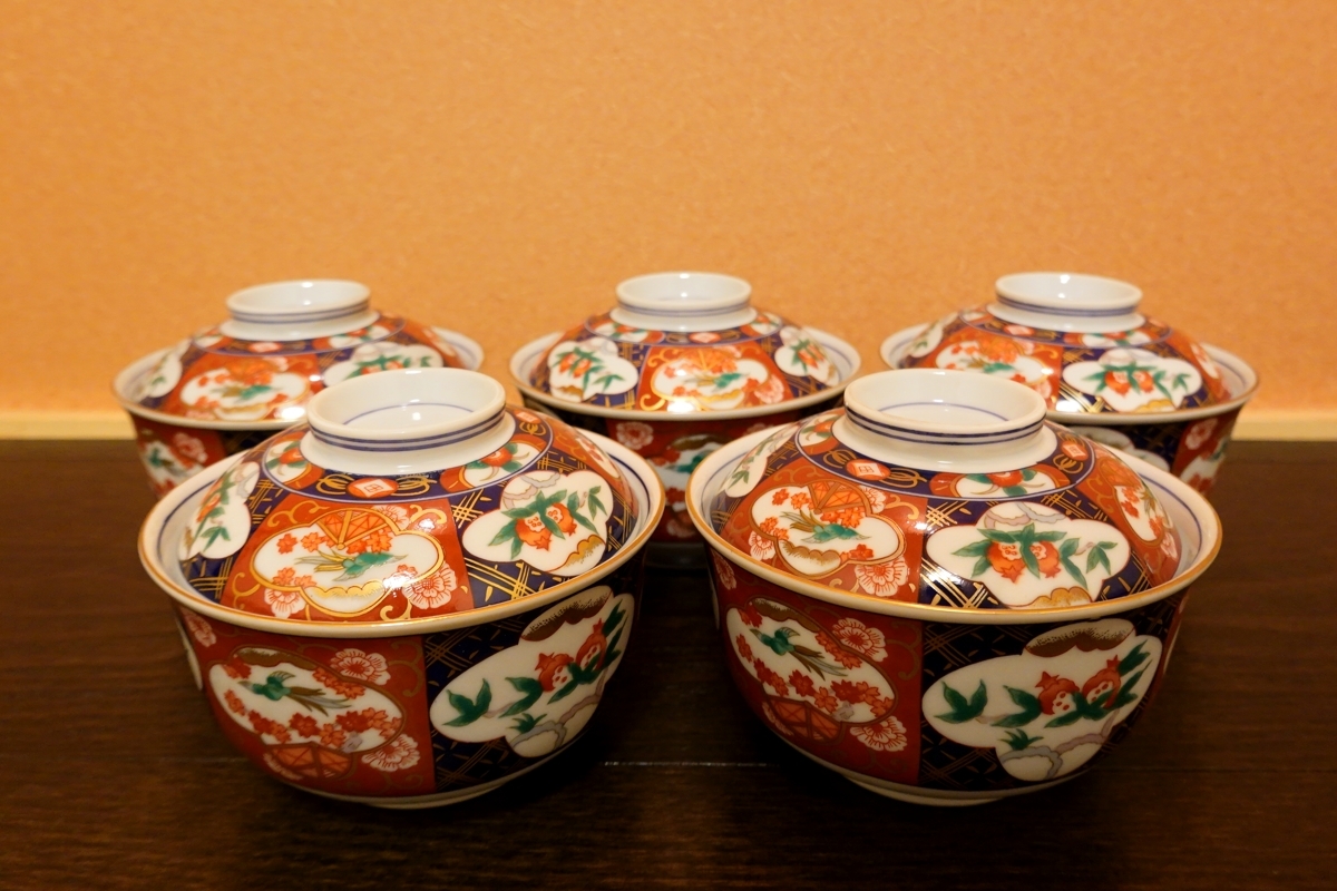 前畑陶器 庫山窯 赤絵 六方割 高台 蓋付 煎茶 揃 蓋付き湯呑み
