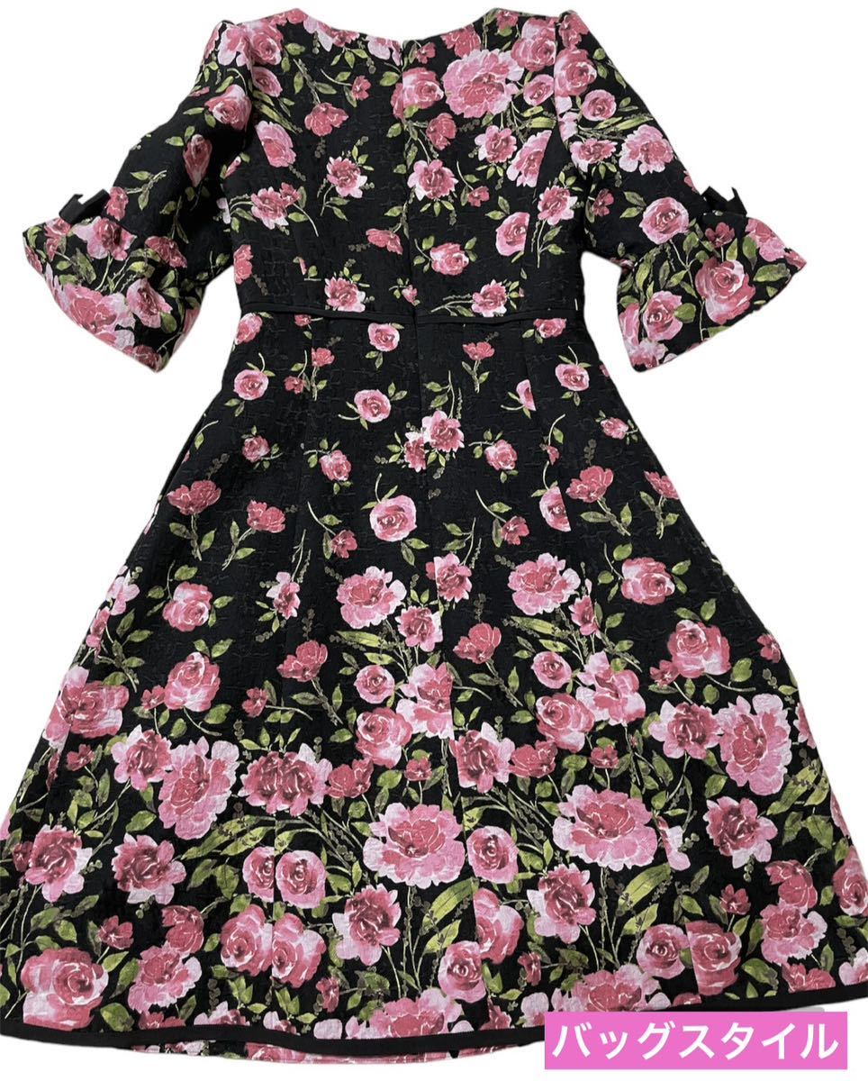 美品 エムズグレイシー 花柄ワンピース 38 上品 綺麗目 黒系 7部丈 M's
