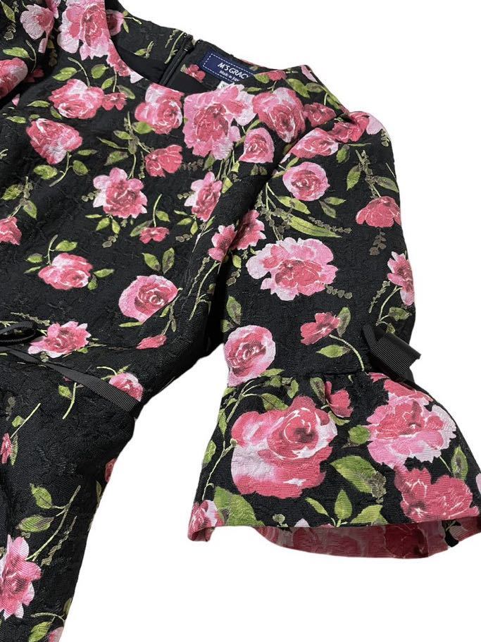 美品 エムズグレイシー 花柄ワンピース 38 上品 綺麗目 黒系 7部丈 M's