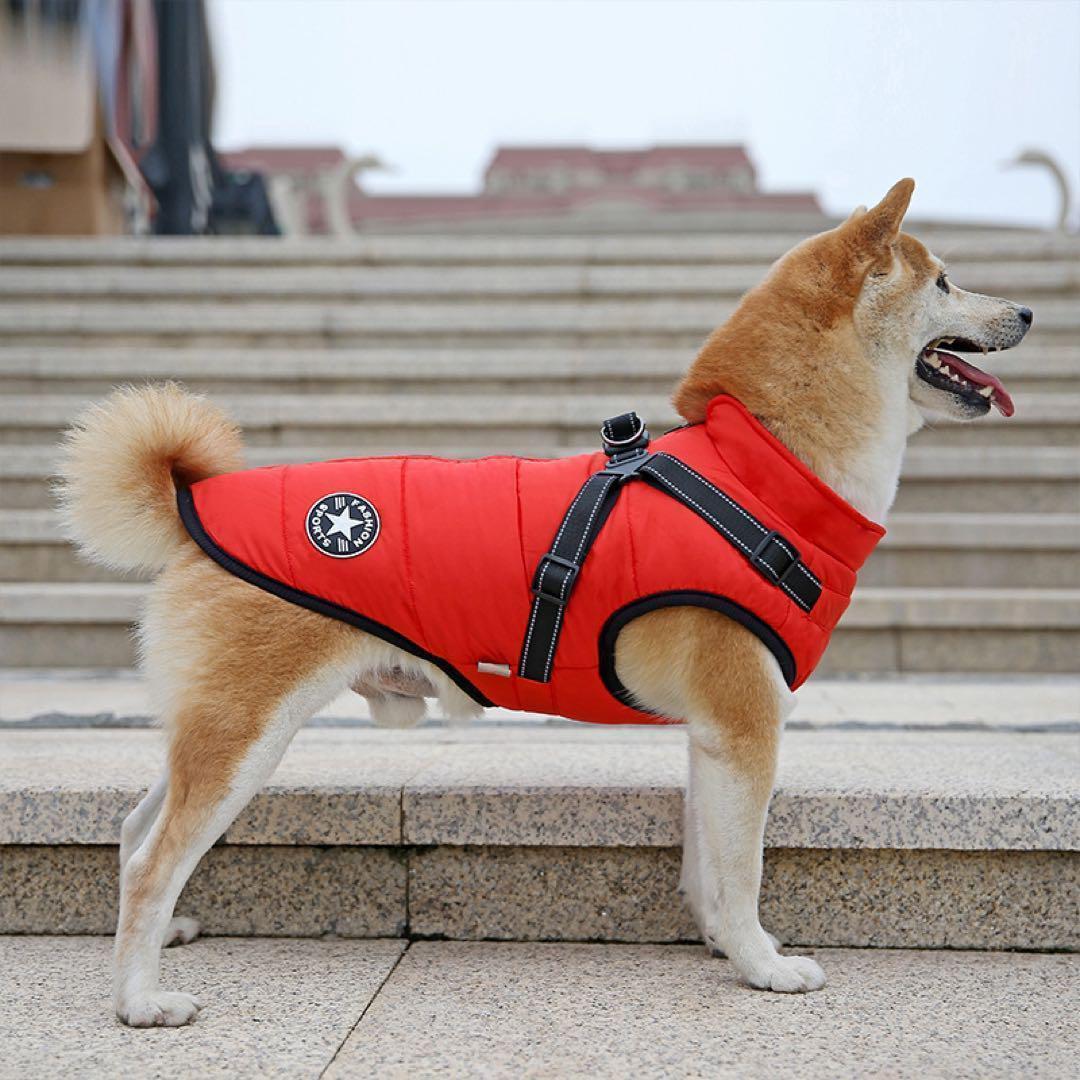 《新品》M　赤　犬用　ダウン　ハーネス付き　裏起毛　ペットウェア　防寒着_4