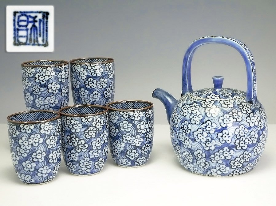 □真作保証□【加藤利昌】作 染付梅小紋茶器□急須+湯呑 五客 計六点組