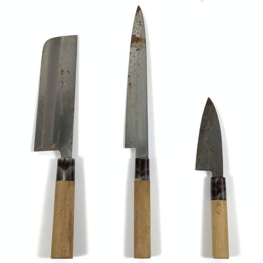 藤五郎 柳刃包丁:刃渡り約21cm/出刃包丁:刃渡り約10cm/菜切り刃包丁