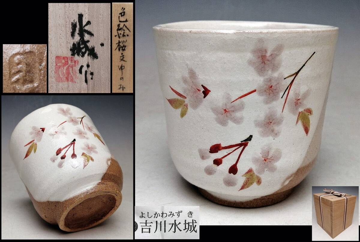 吉川水城 』○ 色絵 桜文 湯呑 ○ 共箱 栞 ○ 師： 人間国宝 藤本能道