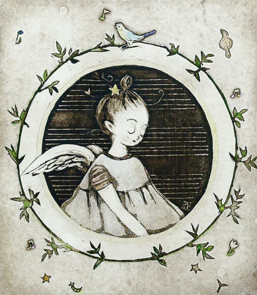 真作】【WISH】逸見亜古「春の鳥のよう」銅版画 直筆サイン 少女 〇