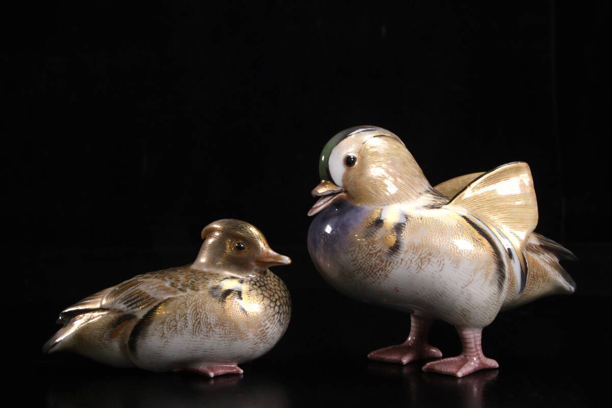 ◇錵◇ 帝室技芸員 眞葛焼 宮川香山 「鴛鴦置物」12.5cm/10.5cm 共箱