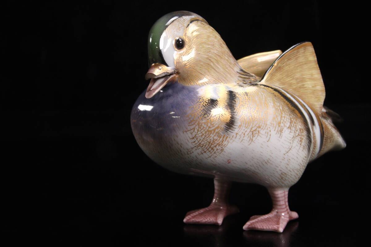 ◇錵◇ 帝室技芸員 眞葛焼 宮川香山 「鴛鴦置物」12.5cm/10.5cm 共箱