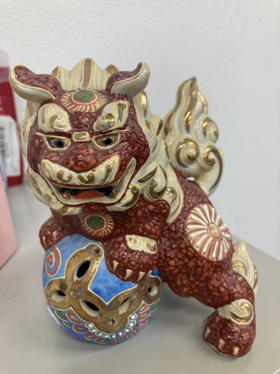 九谷焼 獅子 置物 玉乗り獅子 厄除け 縁起物 朱色 招福(九谷)｜売買