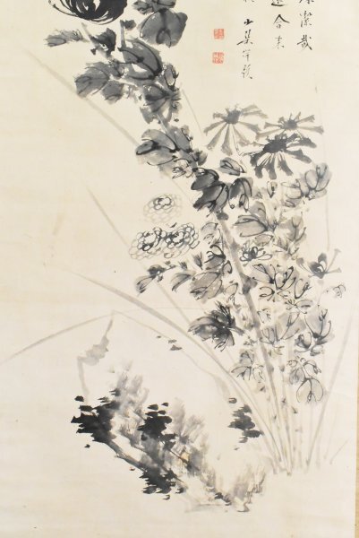 K4703 模写 亀井少琴 亀井少栞「菊図 大幅」紙本 合箱 亀井昭陽師事