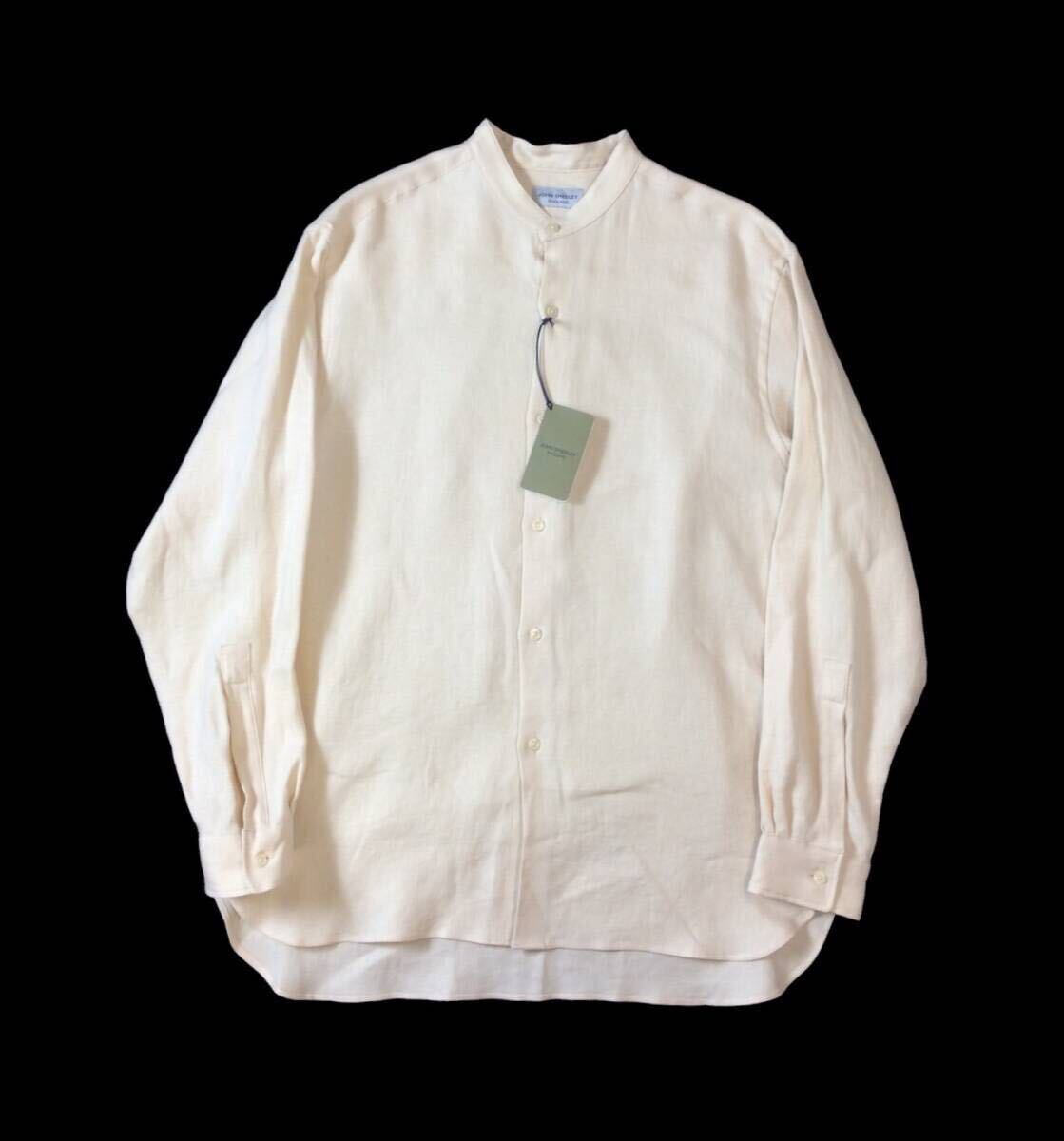 未使用 JOHN SMEDLEY ジョンスメドレー リネン/シルク バンドカラー 長袖 シャツ スタンドカラー ECRU メンズ 3/L (ma)