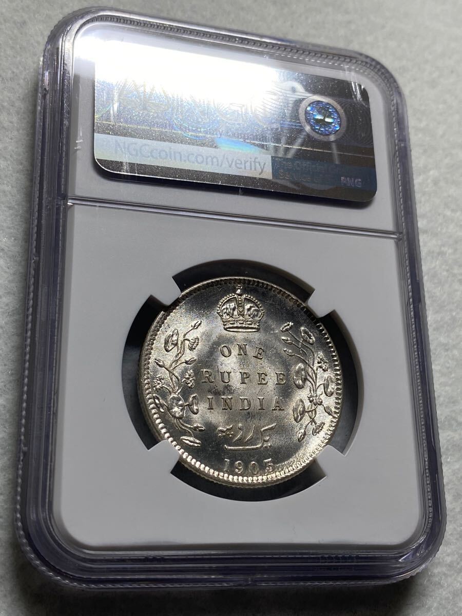 1円出品、売り切りです！1903年 英領インド ルピー銀貨 エドワード7世 NGC MS62高鑑定品！_7