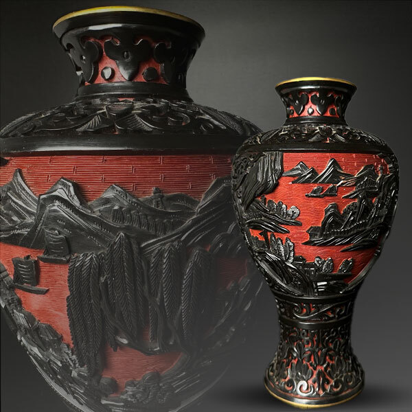 堆朱 美術工芸品 楼閣山水図瓶 花瓶 ♢中国 花瓶コレクション骨董品 彫 
