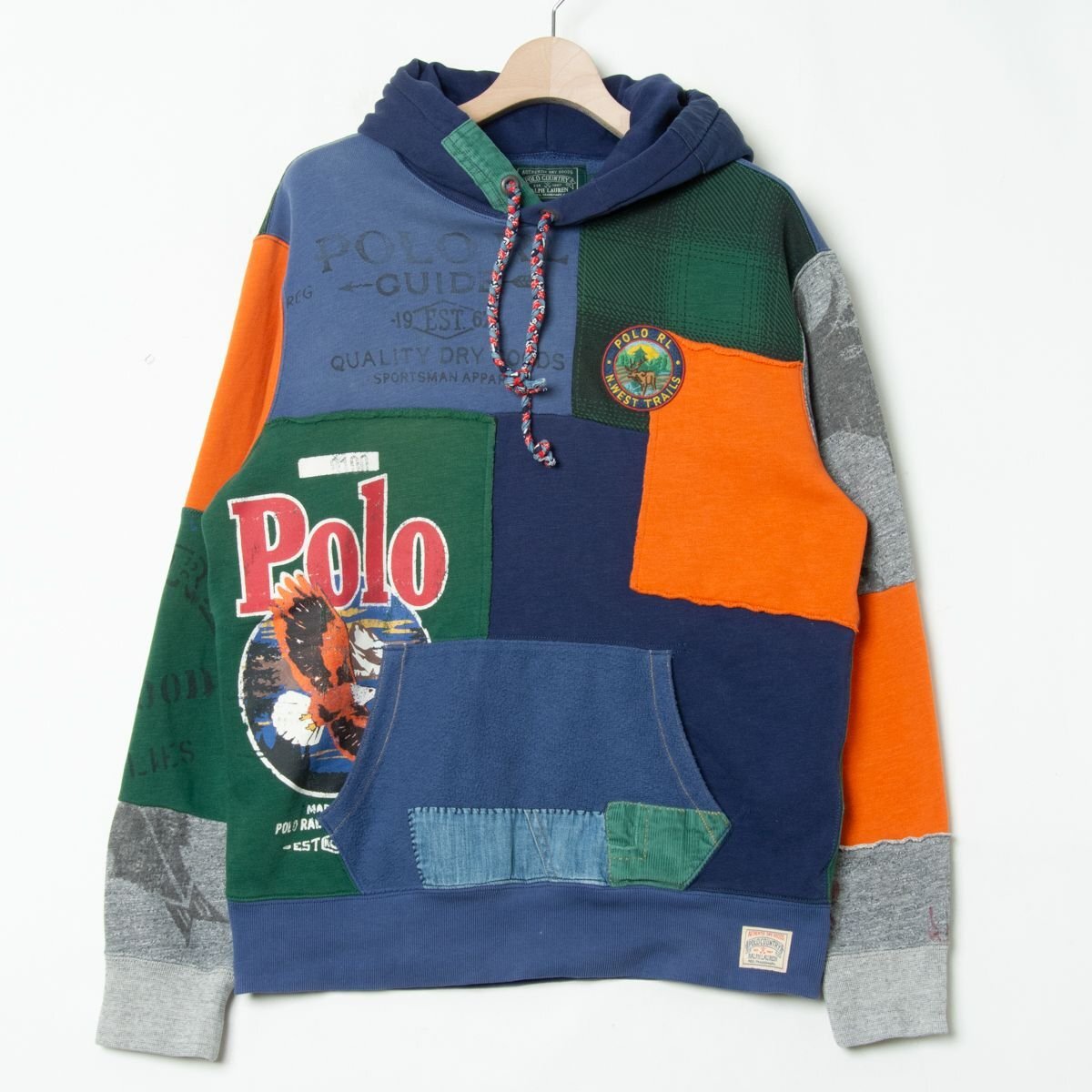【1円スタート】POLO RALPH LAUREN ラルフローレン パッチワークスウェットパーカー 裏起毛 綿ポリエステル アメカジ 青系 M メンズ 秋冬