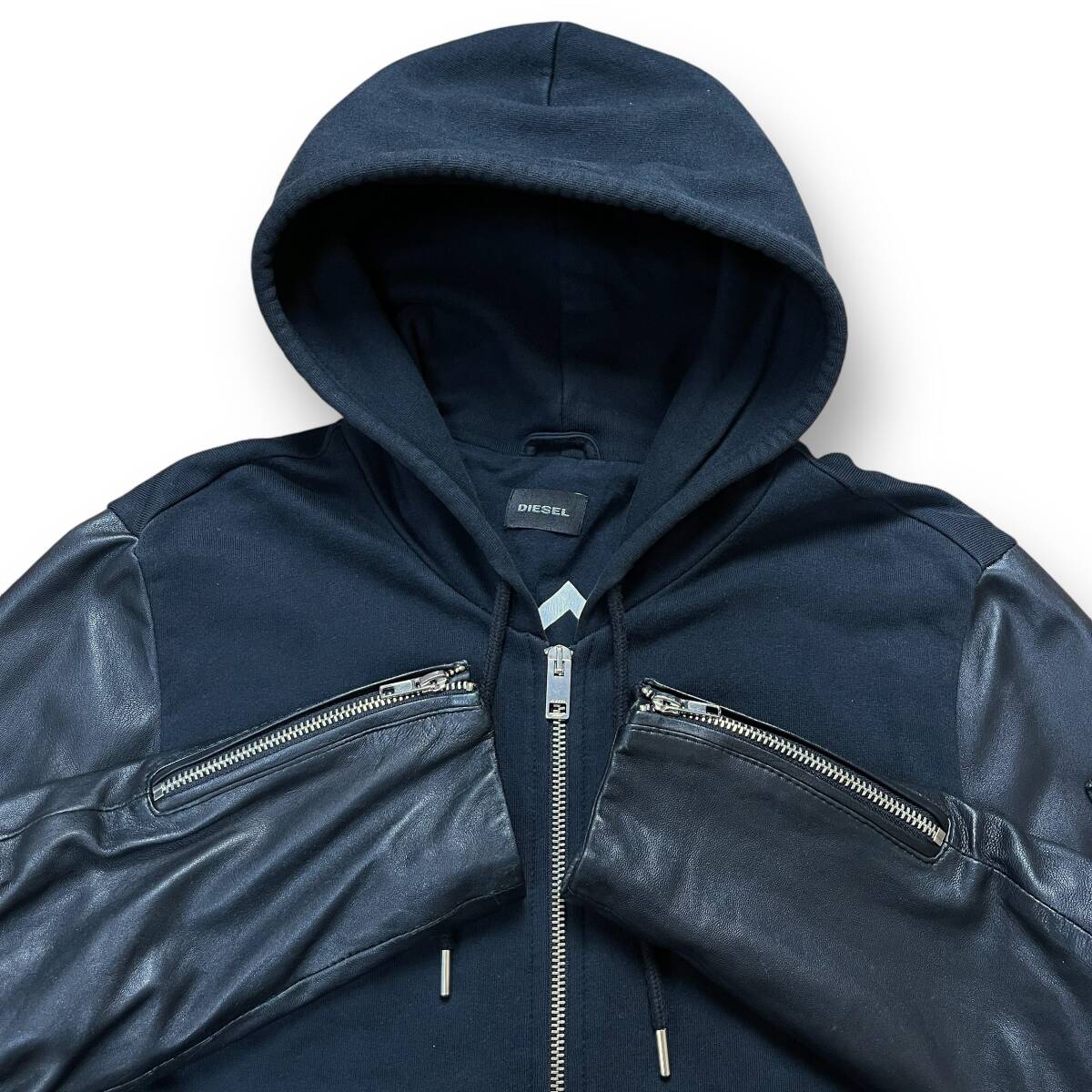 美品◎希少L相当 DIESEL 2271 袖レザー切替 パーカー ブルゾン ロゴ 