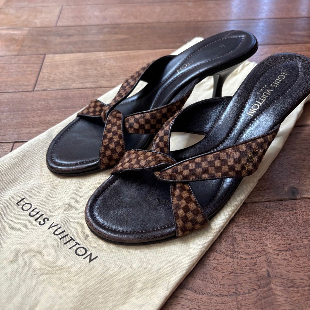 LOUIS VUITTON ルイ ヴィトン ハラコ ダミエ サンダル ミュール 36 