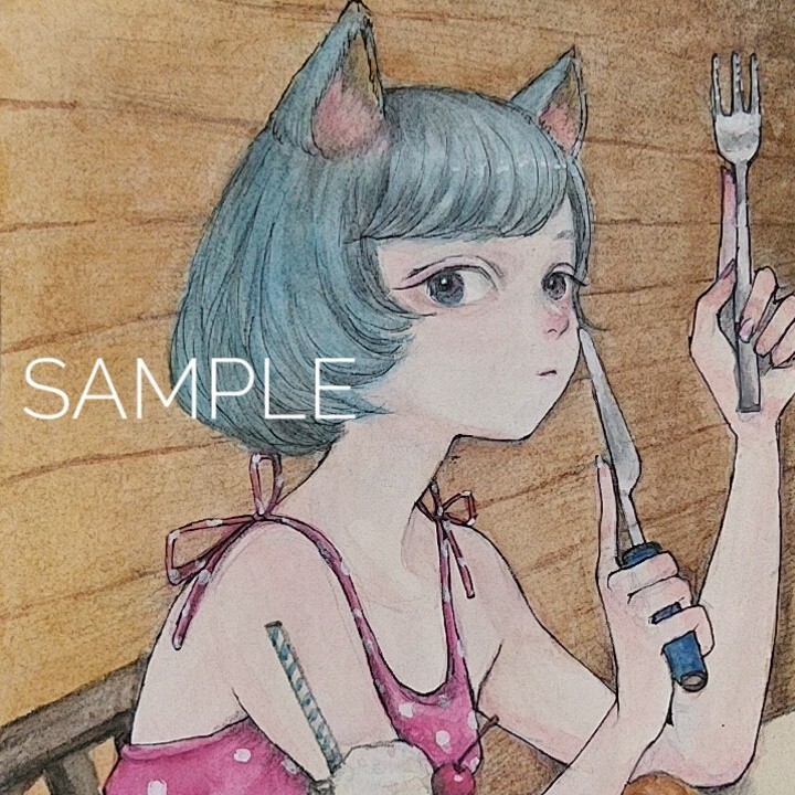 手描きイラスト オリジナル アナログ 女の子 創作 猫耳 ハガキサイズ _1