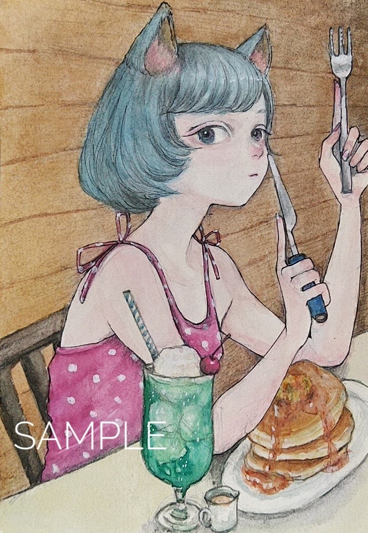 手描きイラスト オリジナル アナログ 女の子 創作 猫耳 ハガキサイズ _2