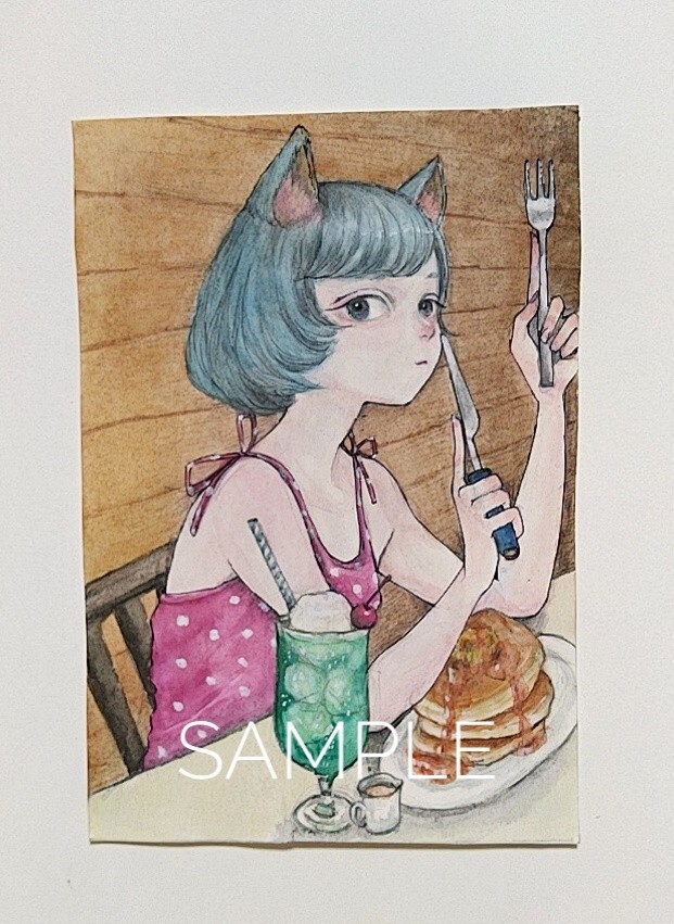 手描きイラスト オリジナル アナログ 女の子 創作 猫耳 ハガキサイズ _3