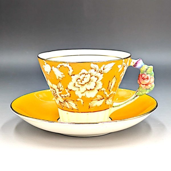 アンティーク 英国製パラゴン フラワーハンドル ローズ イエロー カップ＆ソーサー_1