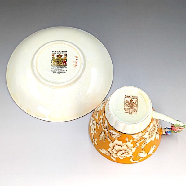 アンティーク 英国製パラゴン フラワーハンドル ローズ イエロー カップ＆ソーサー_10