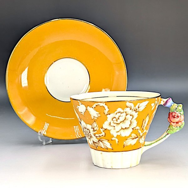 アンティーク 英国製パラゴン フラワーハンドル ローズ イエロー カップ＆ソーサー_2