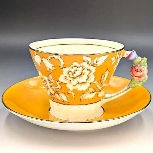 アンティーク 英国製パラゴン フラワーハンドル ローズ イエロー カップ＆ソーサー_3