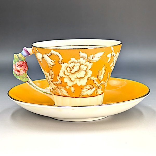 アンティーク 英国製パラゴン フラワーハンドル ローズ イエロー カップ＆ソーサー_8