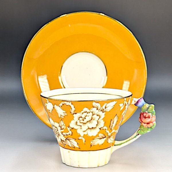 アンティーク 英国製パラゴン フラワーハンドル ローズ イエロー カップ＆ソーサー_9