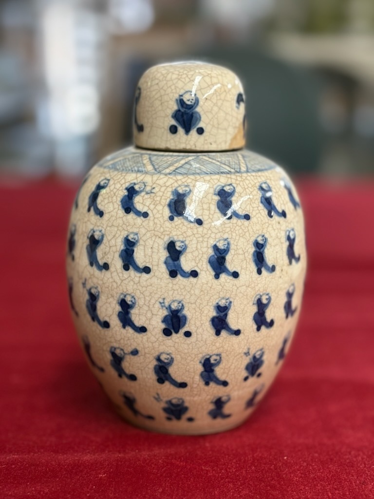 大清康熙年製 染付 唐子紋蓋付壷 中国美術 名家蔵出し 指物師：岐斎箱