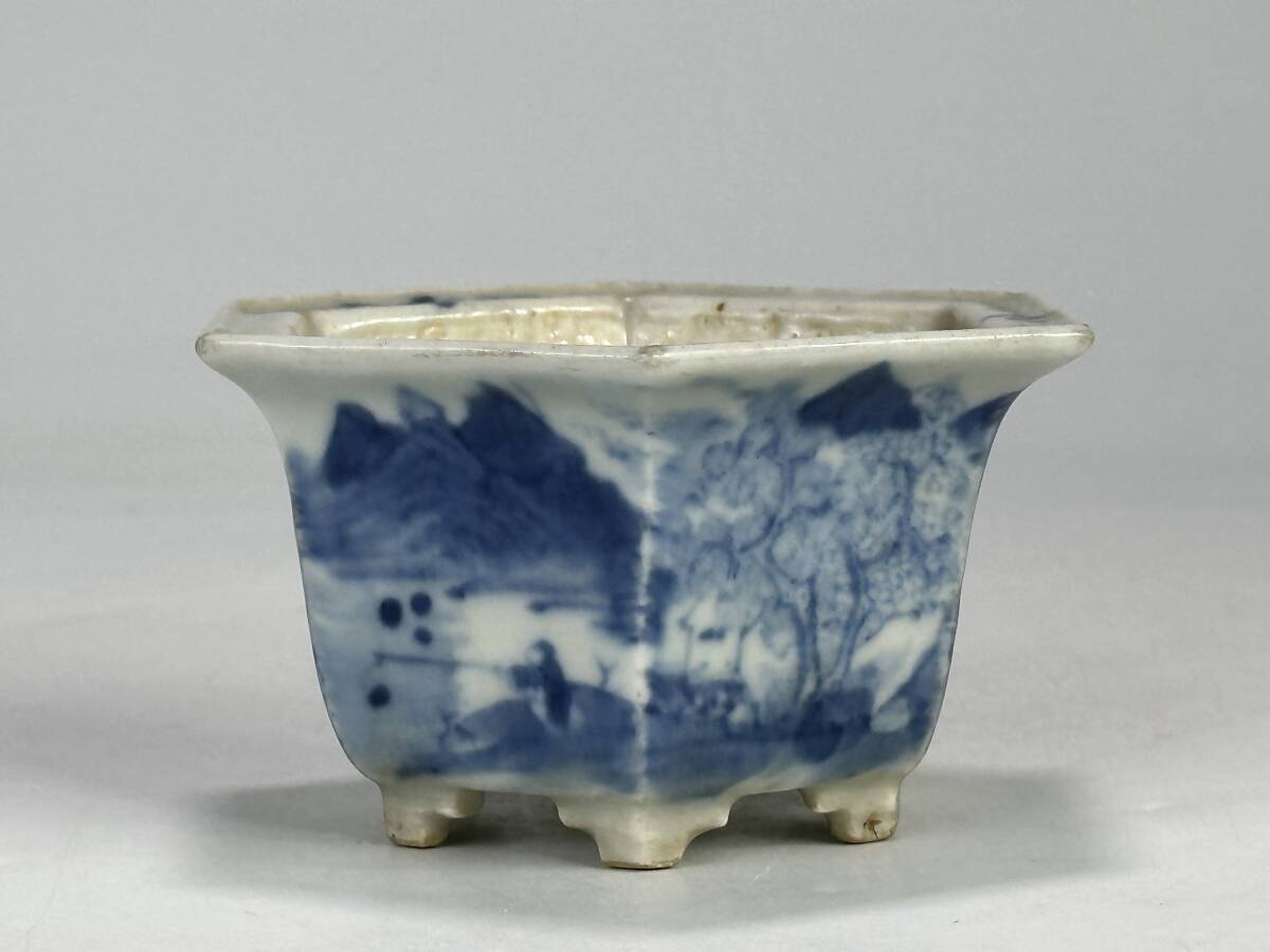 UJ24-7 中国美術 清朝 清時代 染付風景文六方植木鉢 青花 鉢 盆栽美術